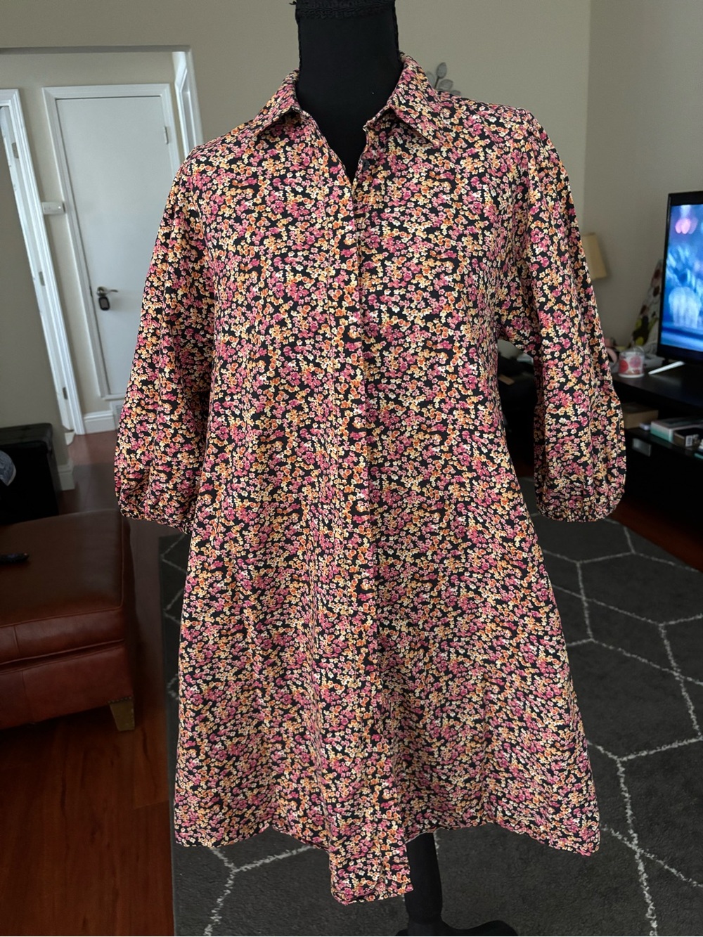 Zara Black Midi Shirt Dress with Pink and Yellow Floral Print XS